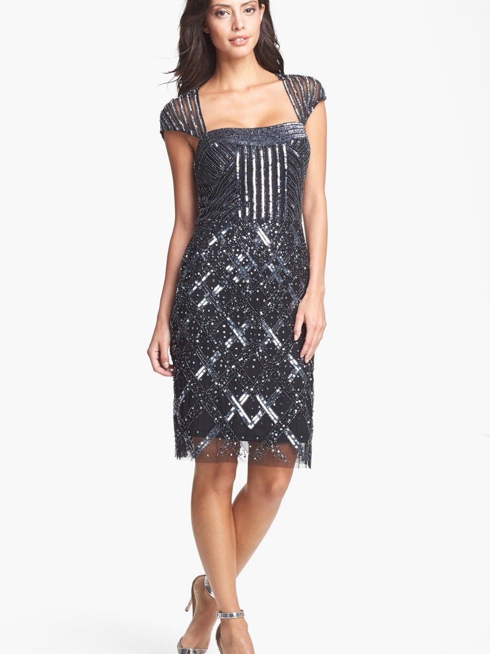 Adrianna Papell Black Beaded Cap Sleeve Cocktail Dress
